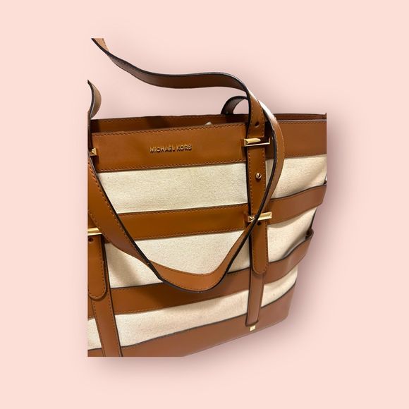 Michael Kors Marie Medium Cage Tote‎ Bag Canvas Leather Stripes - Picture 5 of 10
